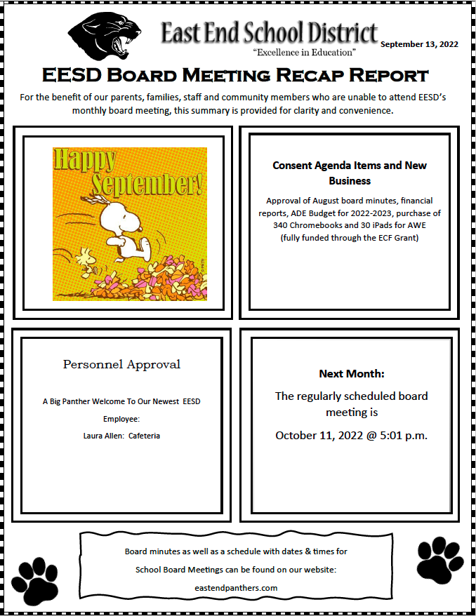 EESD September Board Meeting Recap East End School District